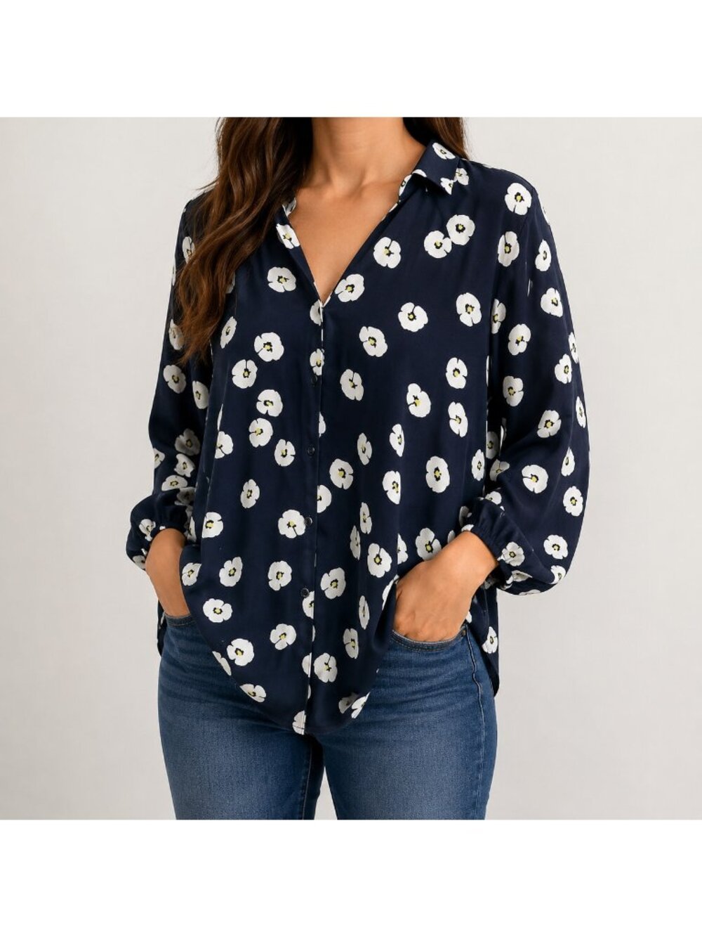 Cabi Navy Blue Floral Daisy Chiffon Blouse Top - Size XS
